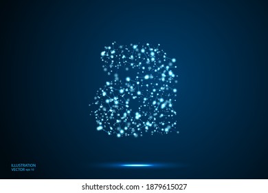 English letters abstract font consists 3d of triangles, lines, dots and connections. On a dark blue background cosmic universe stars, meteorites, galaxies. Vector illustration EPS 10.