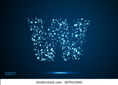 English letters abstract font consists 3d of triangles, lines, dots and connections. On a dark blue background cosmic universe stars, meteorites, galaxies. Vector illustration EPS 10.