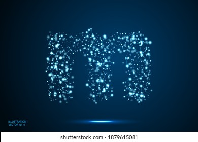 English letters abstract font consists 3d of triangles, lines, dots and connections. On a dark blue background cosmic universe stars, meteorites, galaxies. Vector illustration EPS 10.
