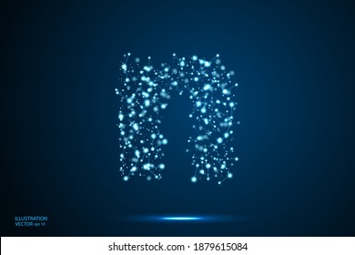 English letters abstract font consists 3d of triangles, lines, dots and connections. On a dark blue background cosmic universe stars, meteorites, galaxies. Vector illustration EPS 10.