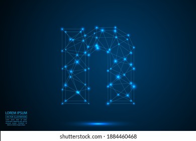 English letters abstract font consists 3d of triangles, lines, dots and connections. On a dark blue background cosmic universe stars, meteorites, galaxies. Vector illustration EPS 10.