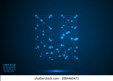 English letters abstract font consists 3d of triangles, lines, dots and connections. On a dark blue background cosmic universe stars, meteorites, galaxies. Vector illustration EPS 10.