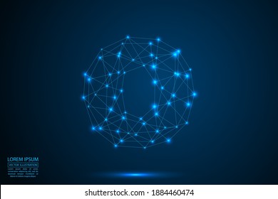 English letters abstract font consists 3d of triangles, lines, dots and connections. On a dark blue background cosmic universe stars, meteorites, galaxies. Vector illustration EPS 10.