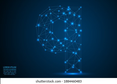 English letters abstract font consists 3d of triangles, lines, dots and connections. On a dark blue background cosmic universe stars, meteorites, galaxies. Vector illustration EPS 10.