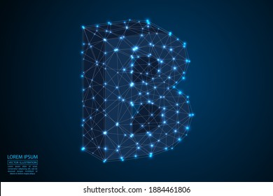 English letters abstract font consists 3d of triangles, lines, dots and connections. On a dark blue background cosmic universe stars, meteorites, galaxies. Vector illustration EPS 10.