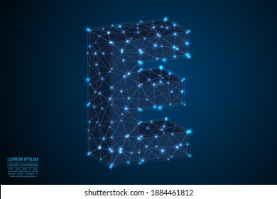 English letters abstract font consists 3d of triangles, lines, dots and connections. On a dark blue background cosmic universe stars, meteorites, galaxies. Vector illustration EPS 10.