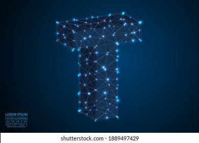 English letters abstract font consists 3d of triangles, lines, dots and connections. On a dark blue background cosmic universe stars, meteorites, galaxies. Vector illustration EPS 10.