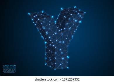 English letters abstract font consists 3d of triangles, lines, dots and connections. On a dark blue background cosmic universe stars, meteorites, galaxies. Vector illustration EPS 10.