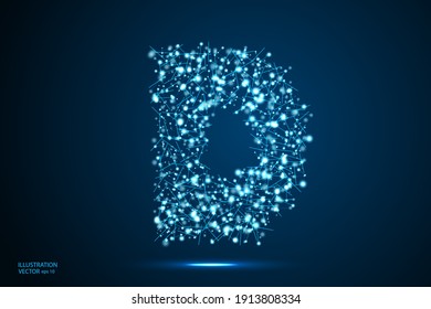 English letters abstract font consists 3d of triangles, lines, dots and connections. On a dark blue background cosmic universe stars, meteorites, galaxies. Vector illustration EPS 10.