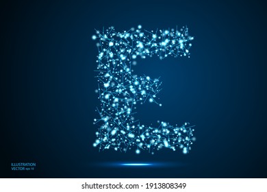 English letters abstract font consists 3d of triangles, lines, dots and connections. On a dark blue background cosmic universe stars, meteorites, galaxies. Vector illustration EPS 10.