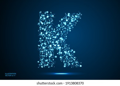 English letters abstract font consists 3d of triangles, lines, dots and connections. On a dark blue background cosmic universe stars, meteorites, galaxies. Vector illustration EPS 10.
