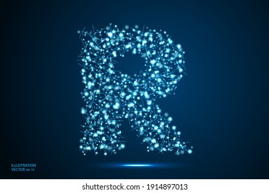 English letters abstract font consists 3d of triangles, lines, dots and connections. On a dark blue background cosmic universe stars, meteorites, galaxies. Vector illustration EPS 10.