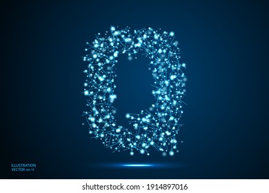 English letters abstract font consists 3d of triangles, lines, dots and connections. On a dark blue background cosmic universe stars, meteorites, galaxies. Vector illustration EPS 10.