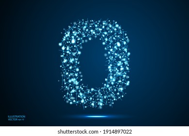 English letters abstract font consists 3d of triangles, lines, dots and connections. On a dark blue background cosmic universe stars, meteorites, galaxies. Vector illustration EPS 10.