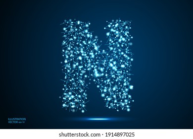 English letters abstract font consists 3d of triangles, lines, dots and connections. On a dark blue background cosmic universe stars, meteorites, galaxies. Vector illustration EPS 10.