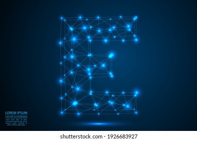 English letters abstract font consists 3d of triangles, lines, dots and connections. On a dark blue background cosmic universe stars, meteorites, galaxies. Vector illustration EPS 10.