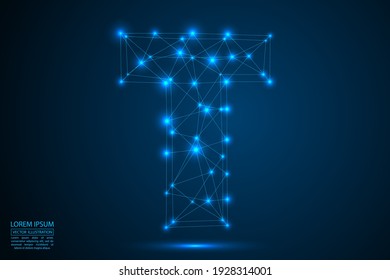 English letters abstract font consists 3d of triangles, lines, dots and connections. On a dark blue background cosmic universe stars, meteorites, galaxies. Vector illustration EPS 10.