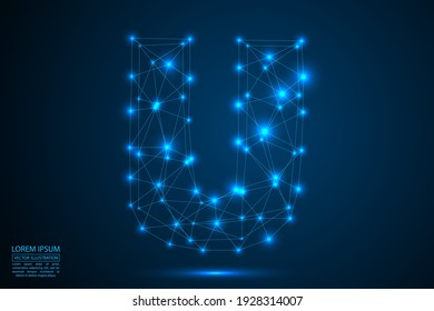 English letters abstract font consists 3d of triangles, lines, dots and connections. On a dark blue background cosmic universe stars, meteorites, galaxies. Vector illustration EPS 10.