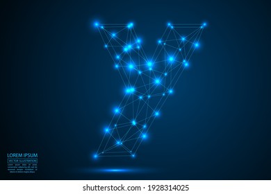 English letters abstract font consists 3d of triangles, lines, dots and connections. On a dark blue background cosmic universe stars, meteorites, galaxies. Vector illustration EPS 10.