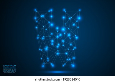 English letters abstract font consists 3d of triangles, lines, dots and connections. On a dark blue background cosmic universe stars, meteorites, galaxies. Vector illustration EPS 10.