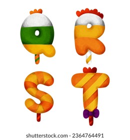 English letters  candy shape  Halloween. Q,R,S,T. watercolor style. vector art and illustration.