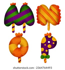 English letters  candy shape  Halloween. M,N,O,P. watercolor style. vector art and illustration.