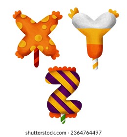 English letters  candy shape  Halloween. X,Y,Z. watercolor style. vector art and illustration.