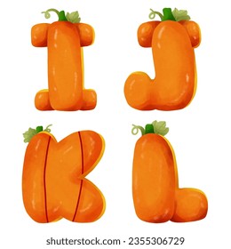 English letters Halloween pumpkin concept. I, J, K, L.   watercolor style. vector art and illustration.