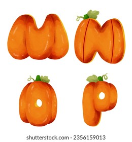 English letters Halloween pumpkin concept. M, N, O, P.   watercolor style. vector art and illustration.