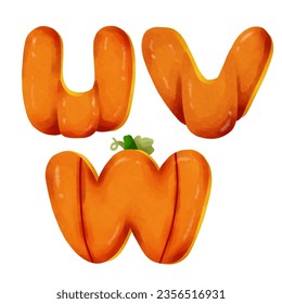 English letters Halloween pumpkin concept. U, V, W.   watercolor style. vector art and illustration.