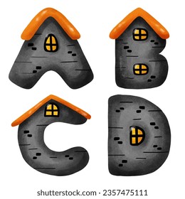 english letters Haunted House Halloween Concept. A, B, C, D. watercolor style. vector art and illustration.