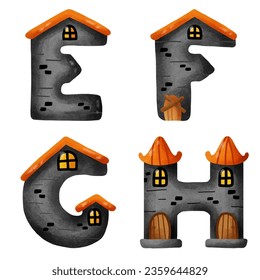 english letters Haunted House Halloween Concept. D, E, F, G. watercolor style. vector art and illustration.