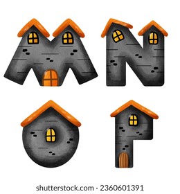 english letters Haunted House Halloween Concept. M, N, O, P. watercolor style. vector art and illustration.