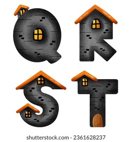 english letters Haunted House Halloween Concept. Q, R, S, T. watercolor style. vector art and illustration.