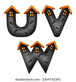 english letters Haunted House Halloween Concept. U, V, W. watercolor style. vector art and illustration.