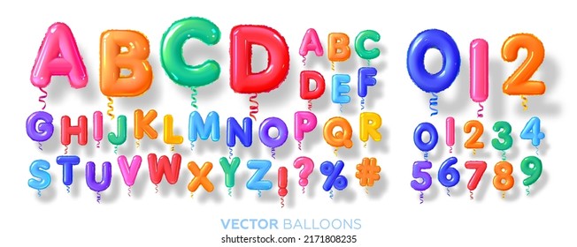 English letters and numbers Balloons. Alphabet helium balloons 3d. Multi-colored plastic, glossy. For children's themes and holidays. Realistic set. Vector illustration. - Shutterstock ID 2171808235