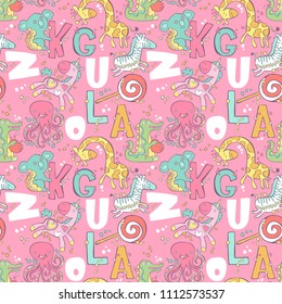 English letters. Unicorn, giraffe, zebra, koala, octopus, crocodile, lollipop. Seamless vector pattern (background).