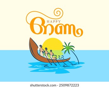English and Malayalam Happy Onam Typography. Kerala landscape drawing. Boat and coconut tree. South Indian, Kerala Festival greeting.
