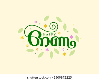 Engelse en Maleisische Happy Onam-typografie. Bloemen en bladeren. Zuid-Indische, Kerala Festival groet.