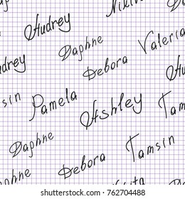 English male, female names, vector seamless pattern on the checkered school paper. Different Classmates names Debora, Pamela, Audrey, Valeria, Ashley, Nikita, Daphna