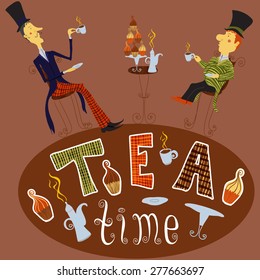 English Man Drinking Tea.  Vintage Hand Drawn Card  Tea Time Elements Collection 