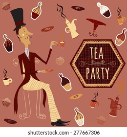 English man drinking tea.  Vintage hand drawn card  tea time elements collection with cake, cup, teapot 
