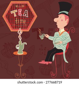 English man drinking tea.  Vintage hand drawn card  tea time elements collection with cake, cup, teapot
