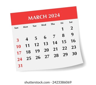 Calendario de marzo de 2024 en INGLÉS. Ilustración vectorial. Planificación mensual para sus eventos de negocios