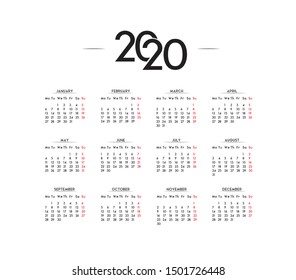 English Minimalist Calendar 2020 Vector Template 