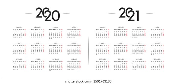 English Minimalist Calendar Year 2020 And 2021 Vector Template 