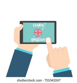 Inglés con concepto móvil. Mano con comprimido. Aplicación de aprendizaje de inglés. Ilustración del vector