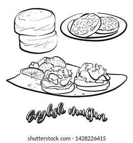 English Muffin Food Sketch On Chalkboard. Vector Drawing Of Yeast Bread, Usually Known In United Kingdom. Food Illustration Series.