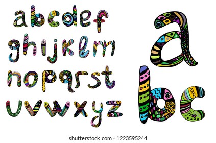 English multicolored alphabet, hand draw, doodle. Vector illustration on isolated background.