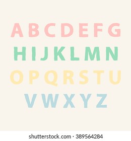 English multicolored hand drawn school alphabet. Hand drawn pastel letters. Card with soft and gentle colors. Vector Illustration.